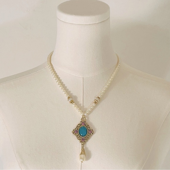 1928 Vintage Faux Pearl & Blue Stone Pendant Adjustable Length Necklace - Picture 1 of 7